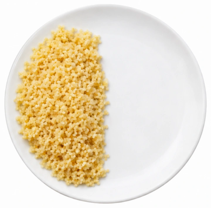 Couscous vor weißem Hintergrund.