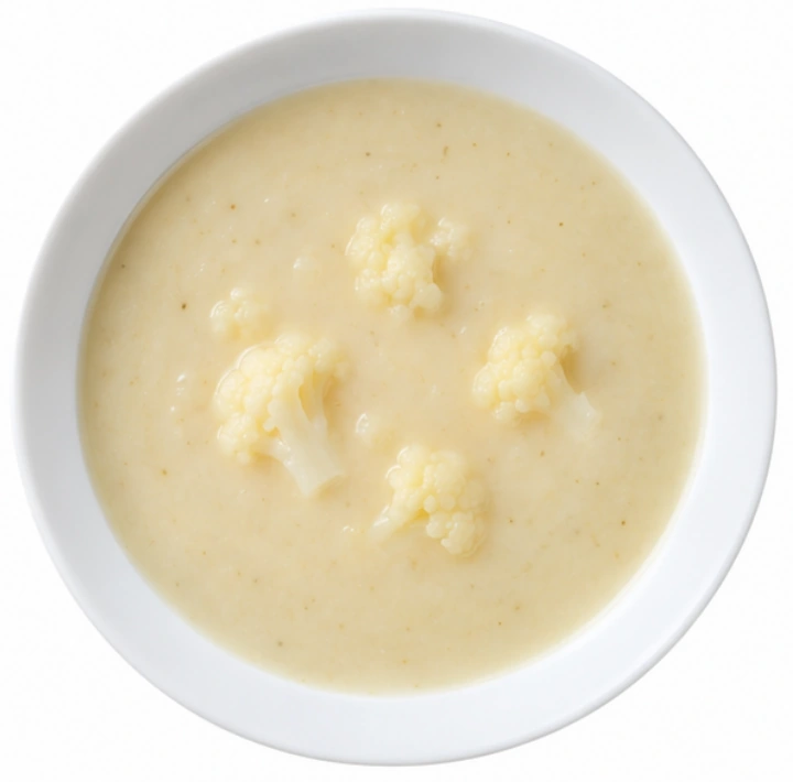 Blumenkohlsuppe vor weißem Hintergrund.