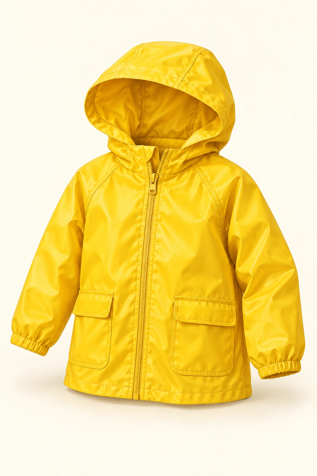 Eine gelbe Kinder-Regenjacke mit Kapuze und Reißverschluss vor hellem Hintergrund.