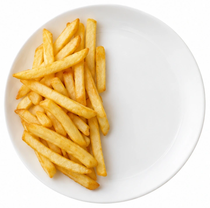 Pommes vor weißem Hintergrund.