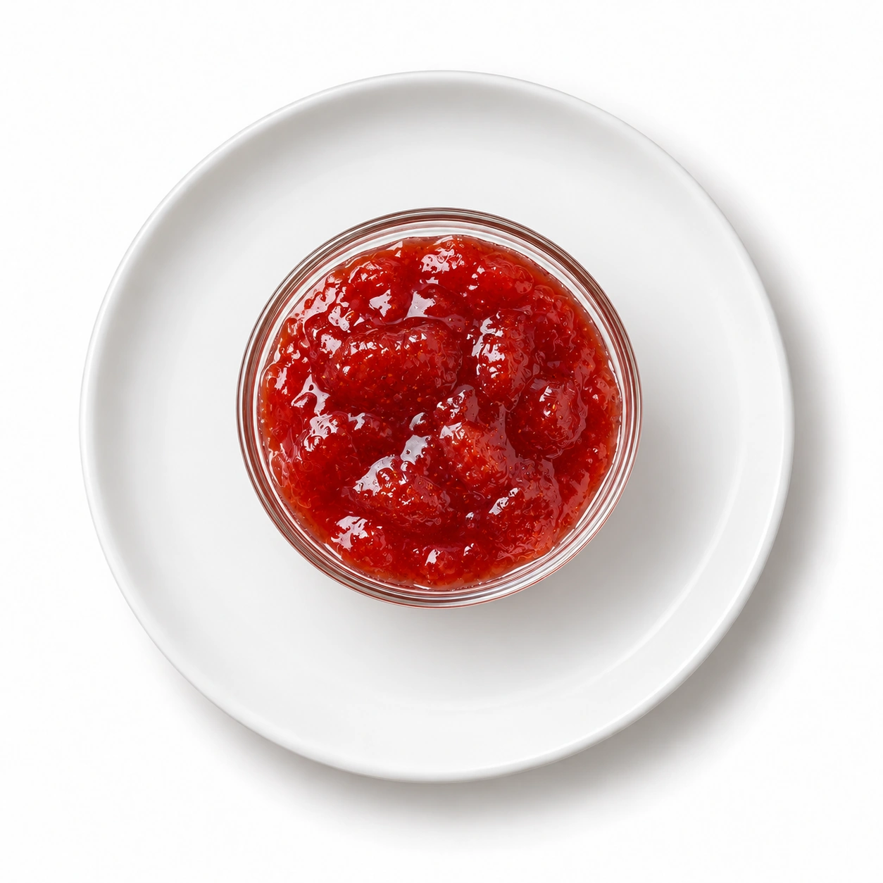 Erdbeermarmelade auf Teller auf einem weißen Teller vor weißem Hintergrund.