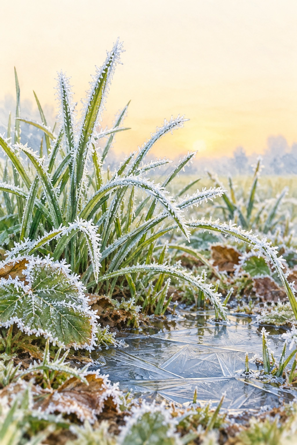 Raureif überzieht Gräser und Blätter; auf einer kleinen Pfütze liegt eine dünne Eisschicht.