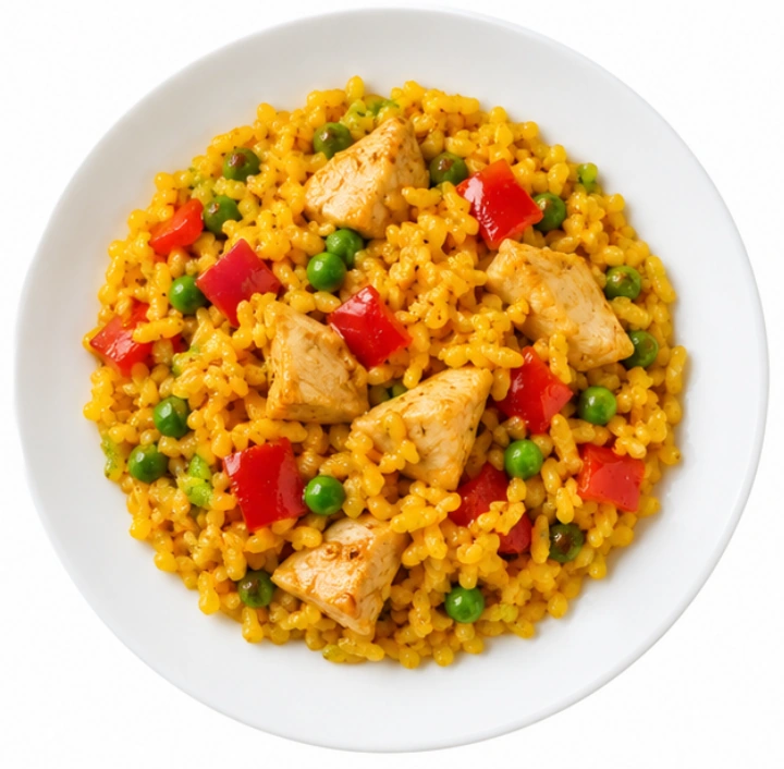Paella vor weißem Hintergrund.