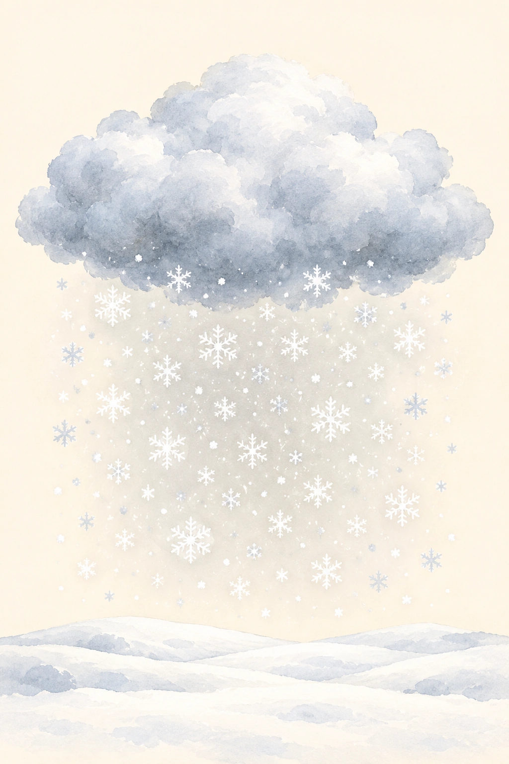 Schneeflocken fallen aus einer graublauen Wolke auf eine verschneite Landschaft.
