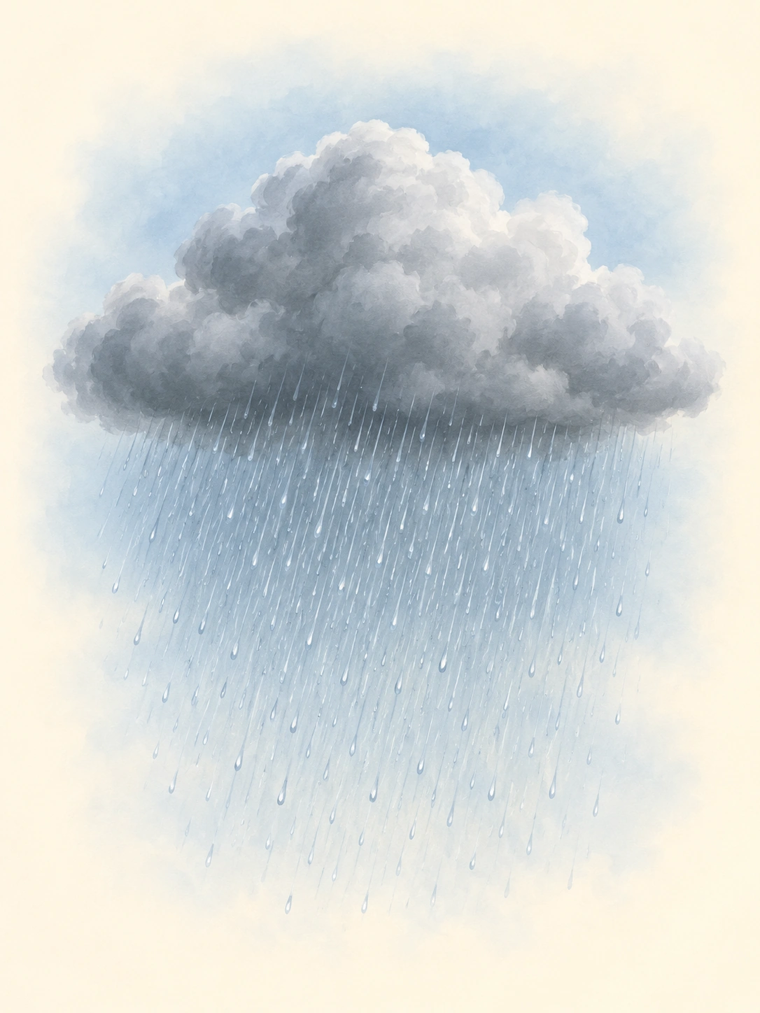 Aus einer grauen Wolke fallen deutlich sichtbare Regentropfen und Regenstreifen.