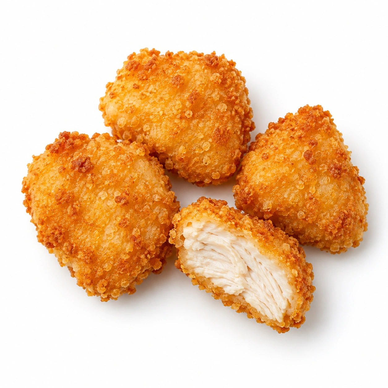 Hähnchennuggets vor weißem Hintergrund.