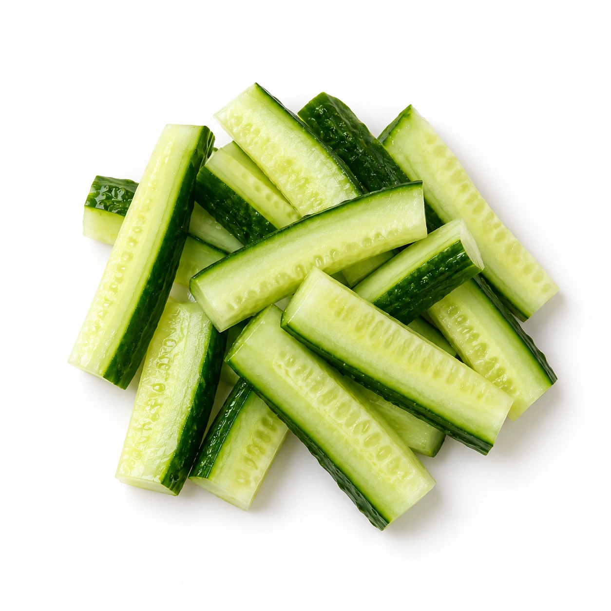 Gurkensticks vor weißem Hintergrund.