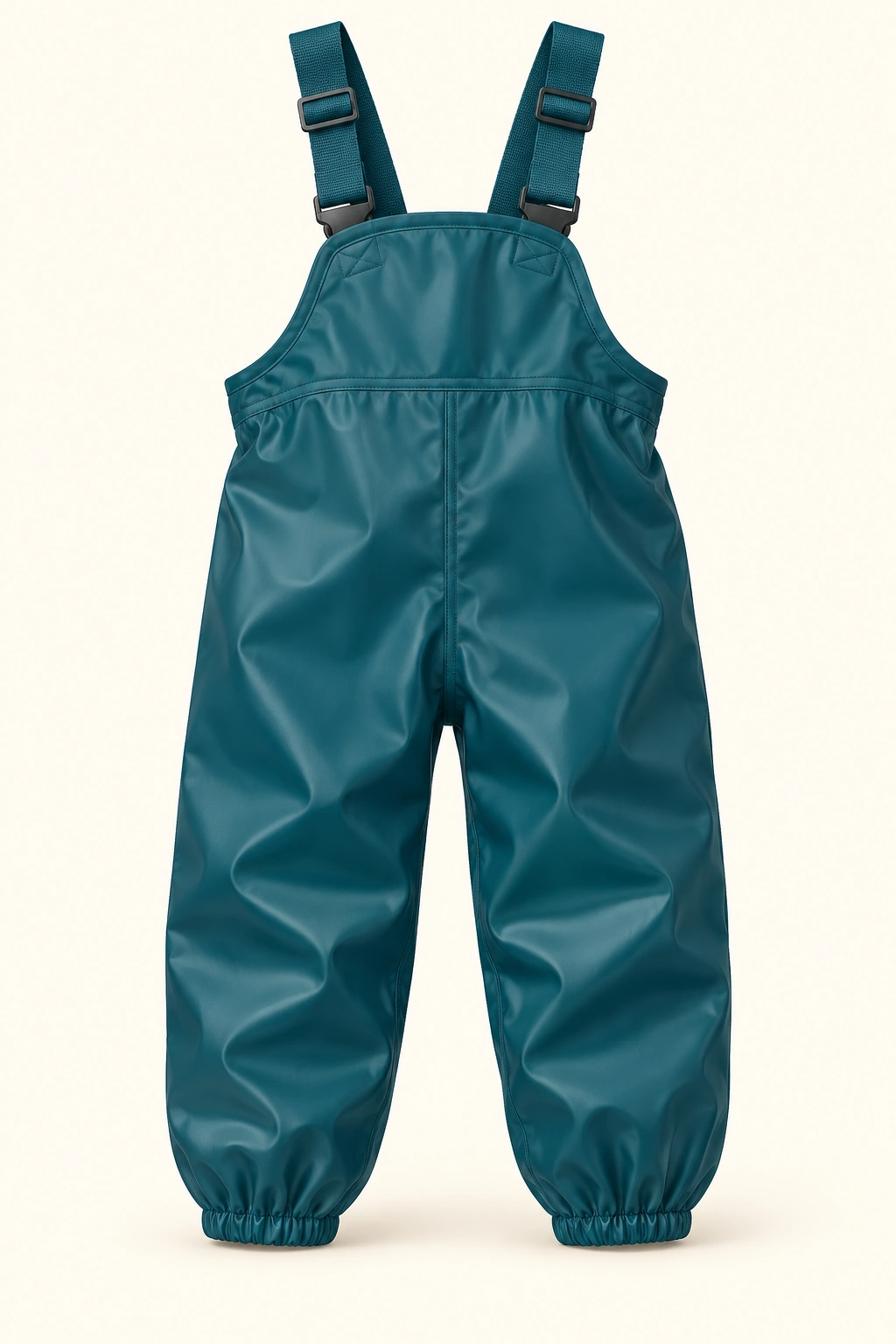 Eine dunkelpetrolfarbene Kinder-Matschhose mit Latz und Trägern vor hellem Hintergrund.