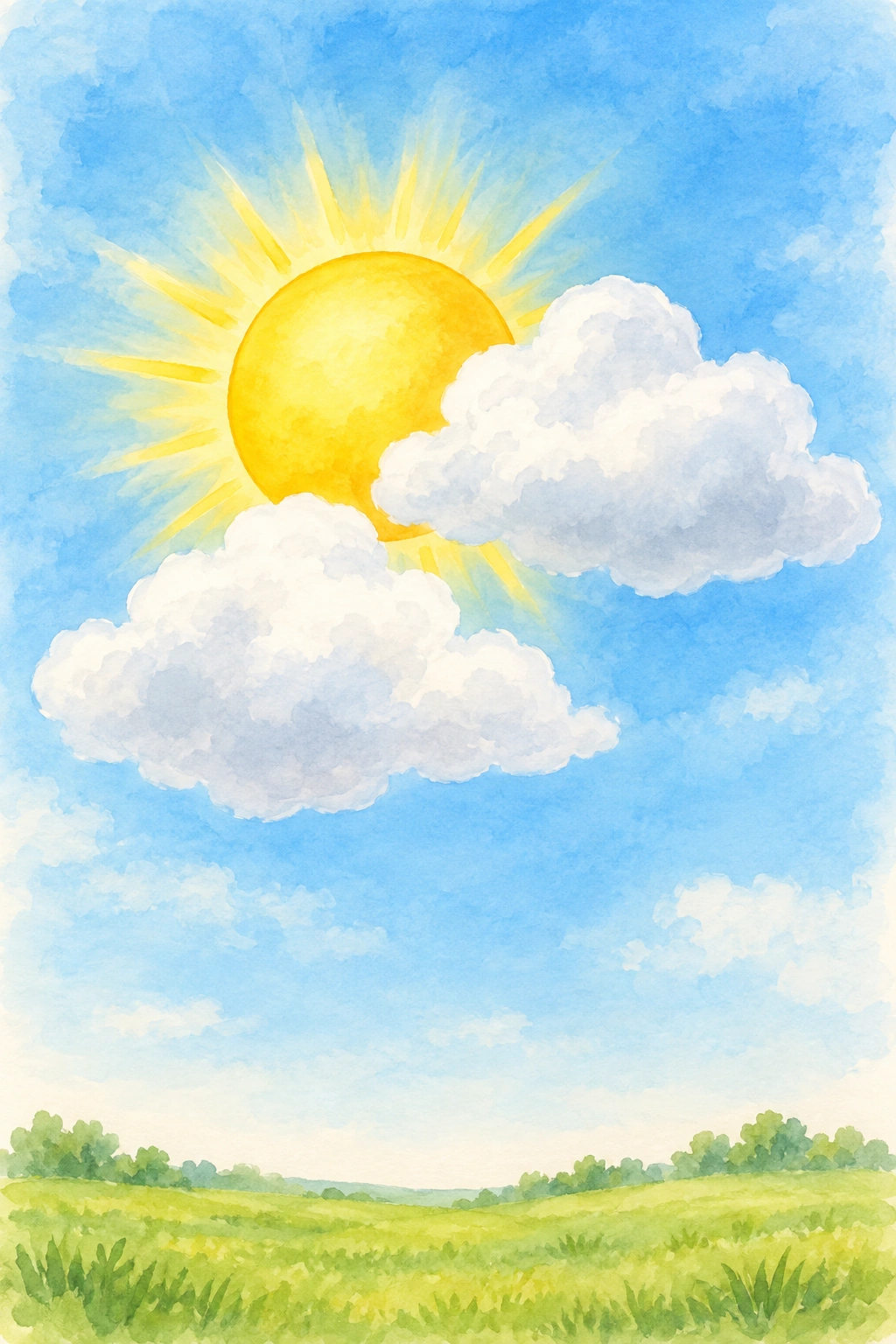 Eine gelbe Sonne scheint teilweise hinter weißen Wolken an einem blauen Himmel hervor.