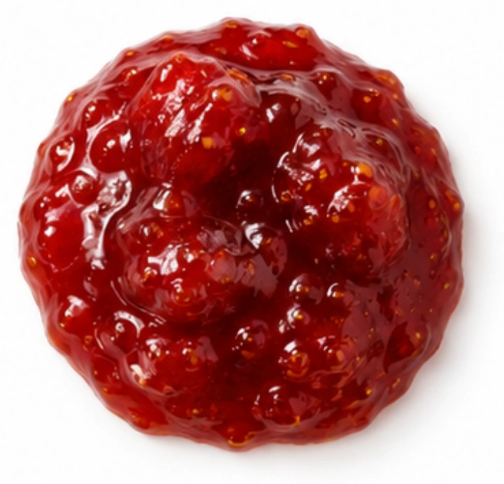 Erdbeermarmelade vor weißem Hintergrund.