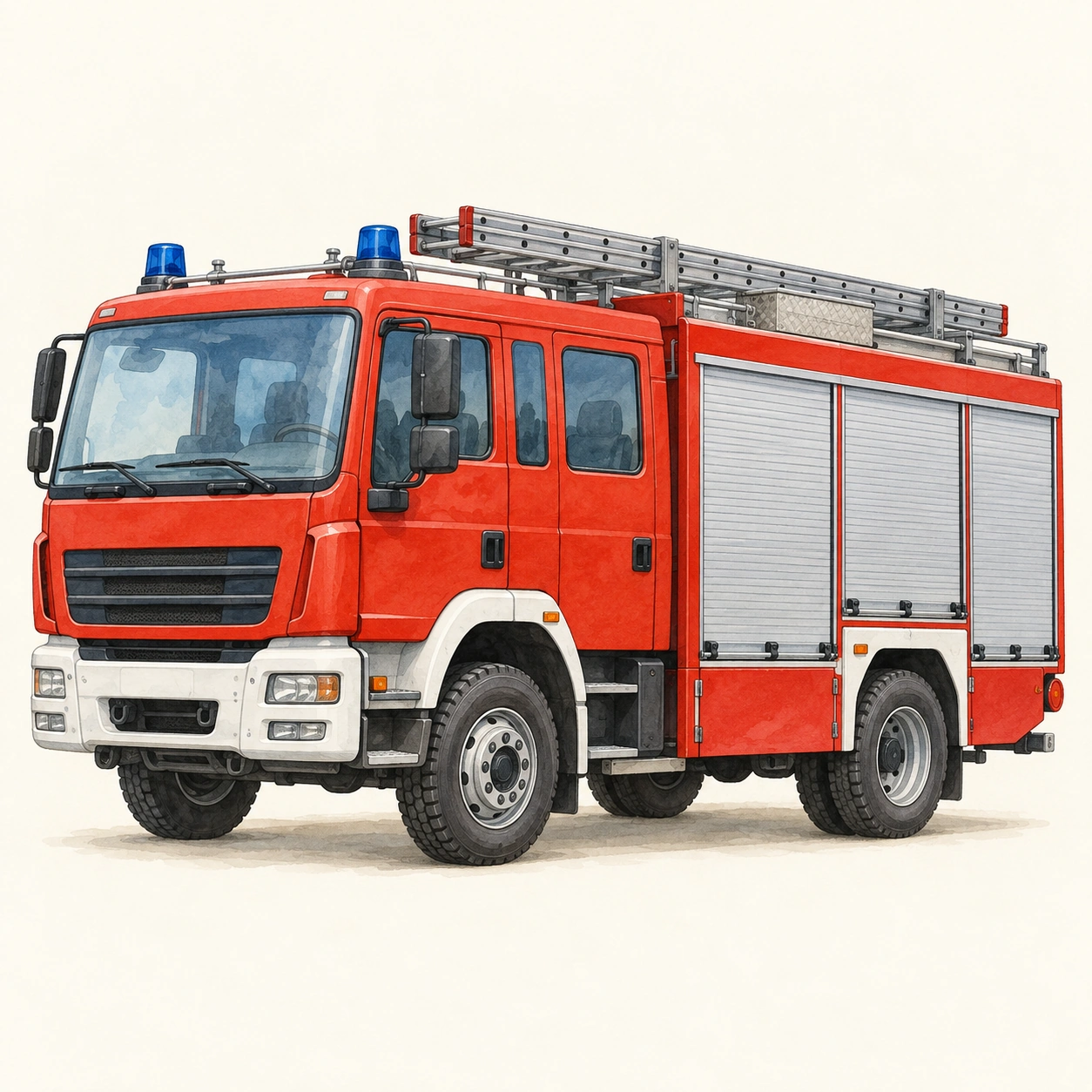 Feuerwehrauto vor einem ruhigen cremefarbenen Hintergrund.