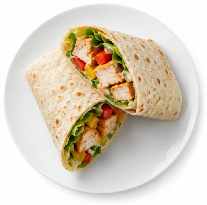 Gefüllter Wrap vor weißem Hintergrund.