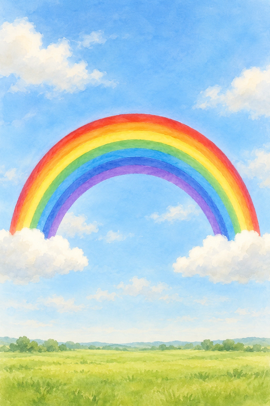 Ein vollständiger farbiger Regenbogen spannt sich zwischen zwei hellen Wolken über einer Wiese.