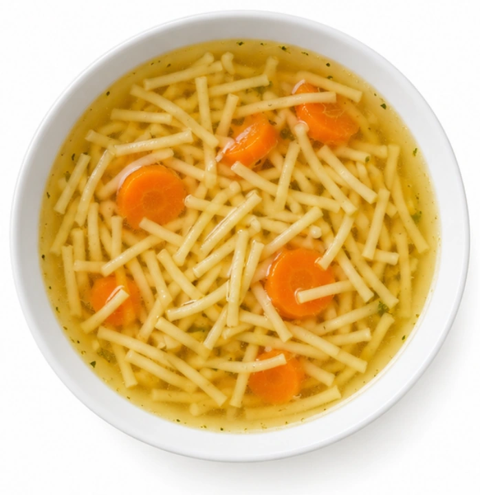 Nudelsuppe vor weißem Hintergrund.
