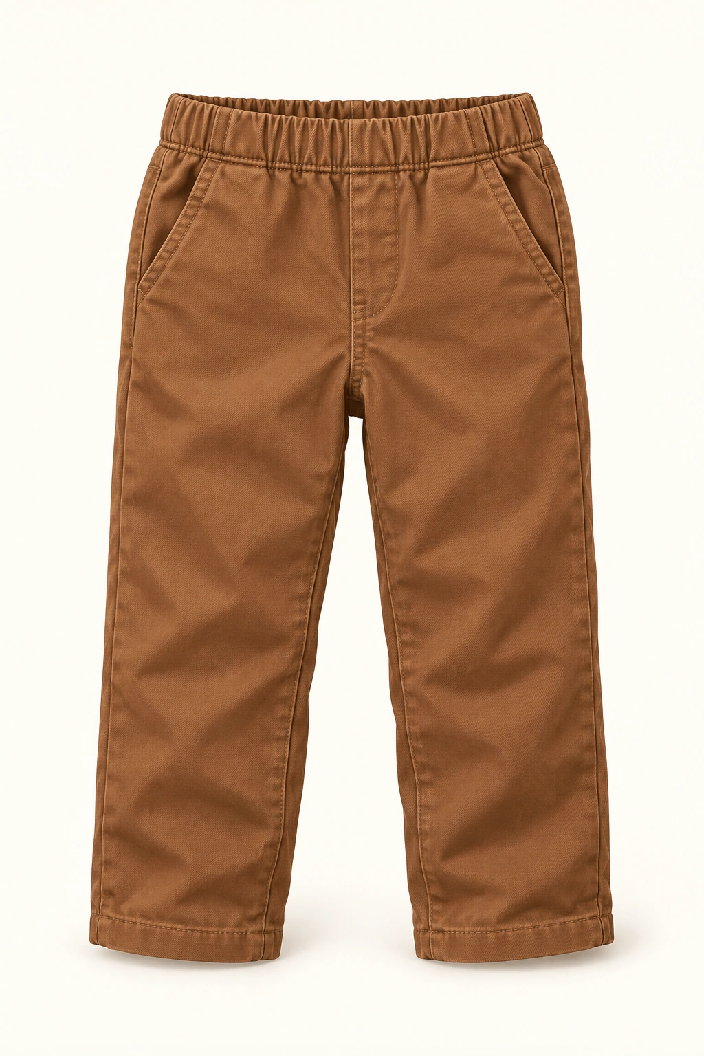 Eine braune Kinderhose mit elastischem Bund und zwei Taschen liegt vollständig sichtbar vor hellem Hintergrund.