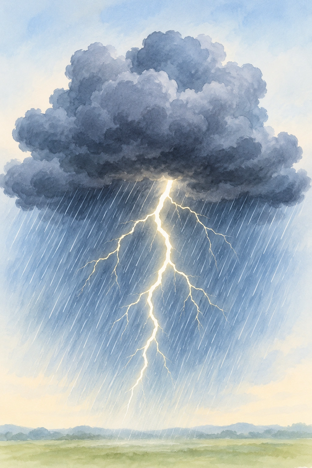 Ein heller Blitz zuckt unter einer dunklen Wolke durch kräftigen Regen.