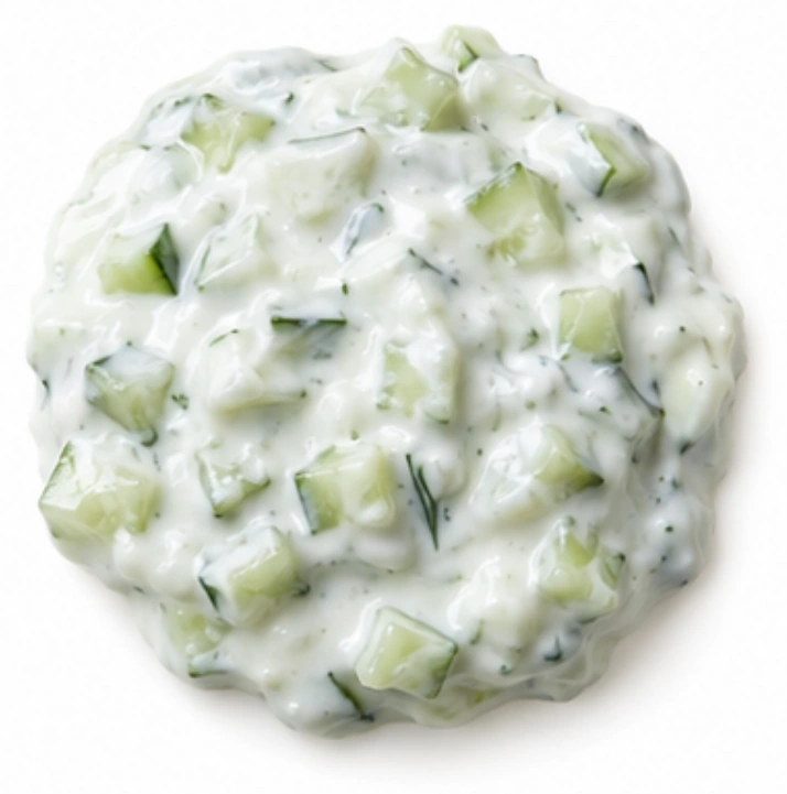 Tzatziki vor weißem Hintergrund.