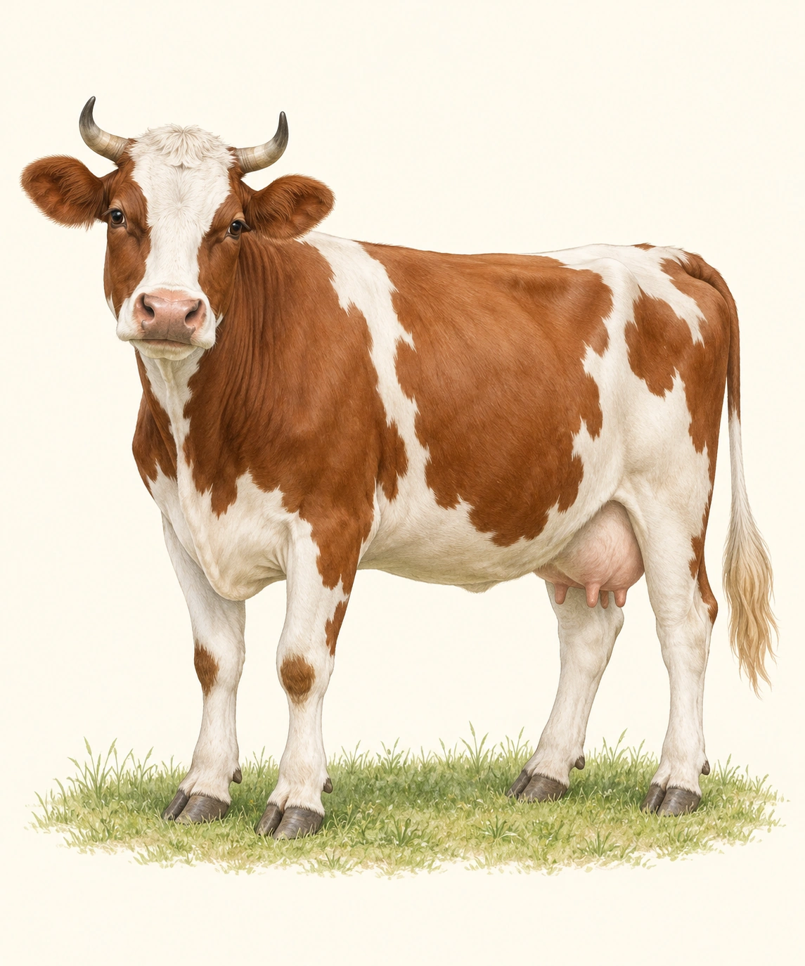 Eine braun-weiße Kuh steht vollständig sichtbar auf einem kleinen Grasstück vor hellem Hintergrund.