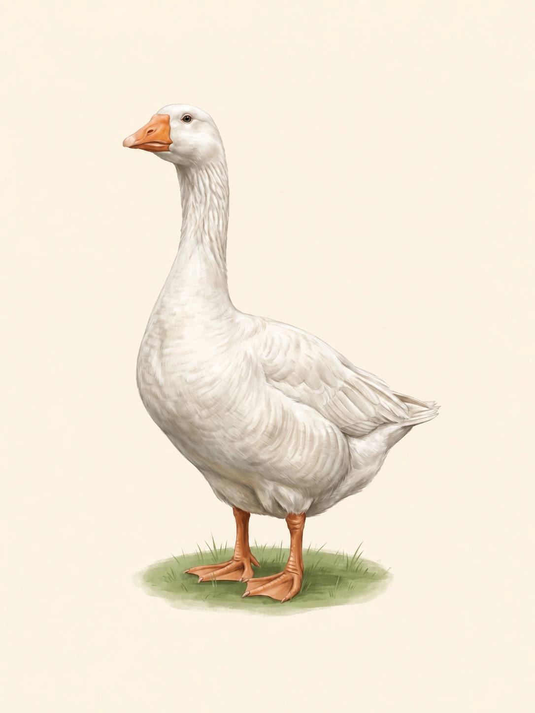 Eine weiße Gans mit langem Hals und orangefarbenen Schwimmfüßen steht im Profil vor hellem Hintergrund.