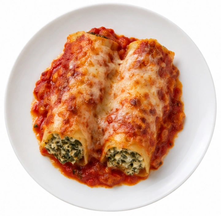 Cannelloni vor weißem Hintergrund.