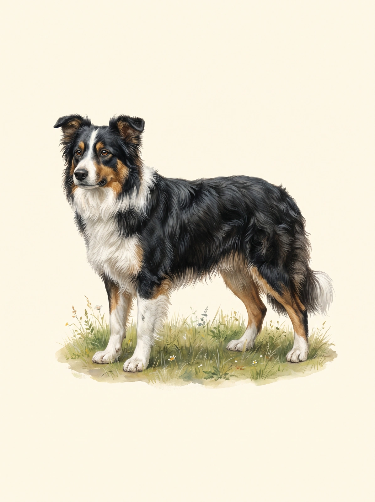 Ein schwarz-weiß-brauner Hund steht vollständig sichtbar auf einem Grasstück vor hellem Hintergrund.