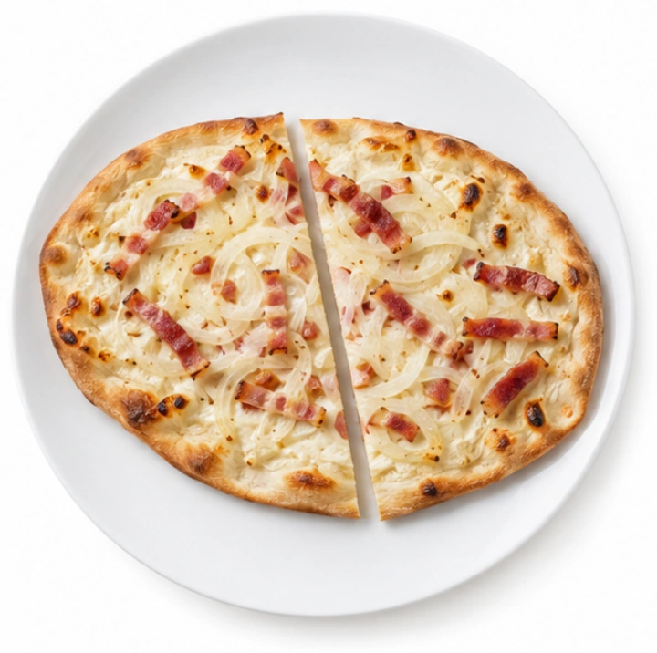 Flammkuchen vor weißem Hintergrund.