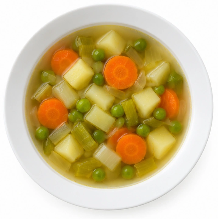 Gemüsesuppe vor weißem Hintergrund.
