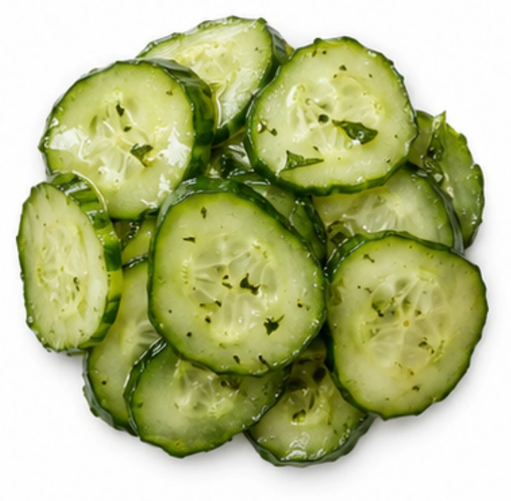 Gurkensalat vor weißem Hintergrund.