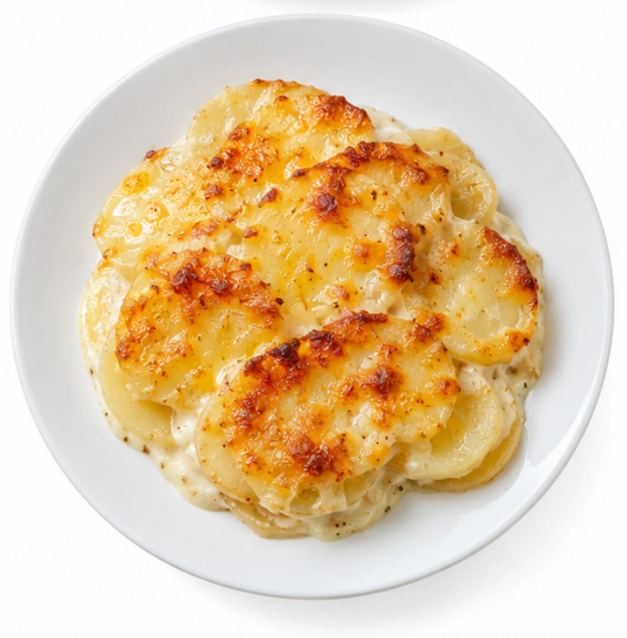 Kartoffelgratin vor weißem Hintergrund.