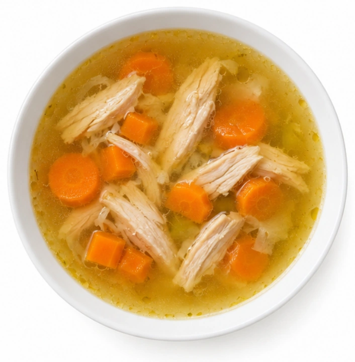 Hühnersuppe vor weißem Hintergrund.