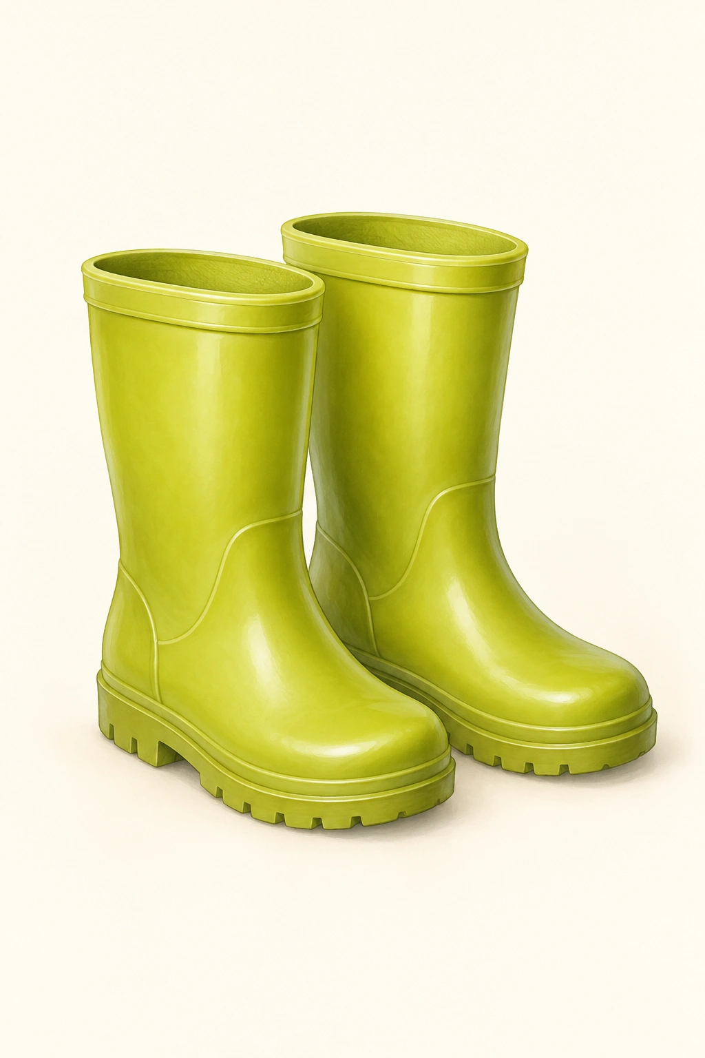 Ein Paar gelbgrüne Kinder-Gummistiefel steht vollständig sichtbar vor hellem Hintergrund.