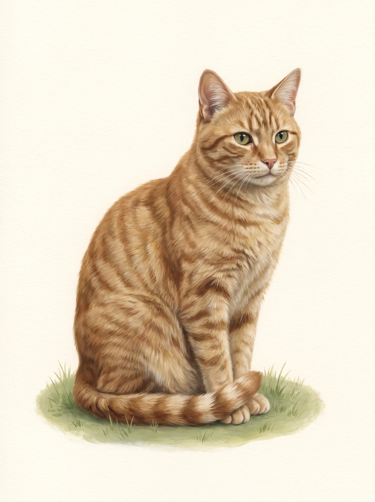 Eine orange getigerte Katze sitzt mit eingerolltem Schwanz auf einem Grasstück vor hellem Hintergrund.