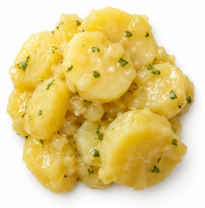 Kartoffelsalat vor weißem Hintergrund.