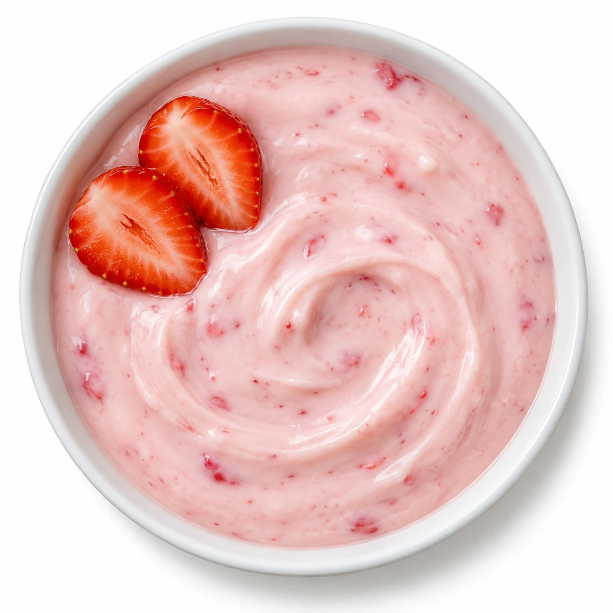 Erdbeerjoghurt vor weißem Hintergrund.