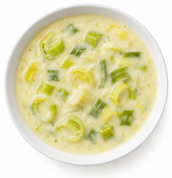 Käse-Lauch-Suppe vor weißem Hintergrund.
