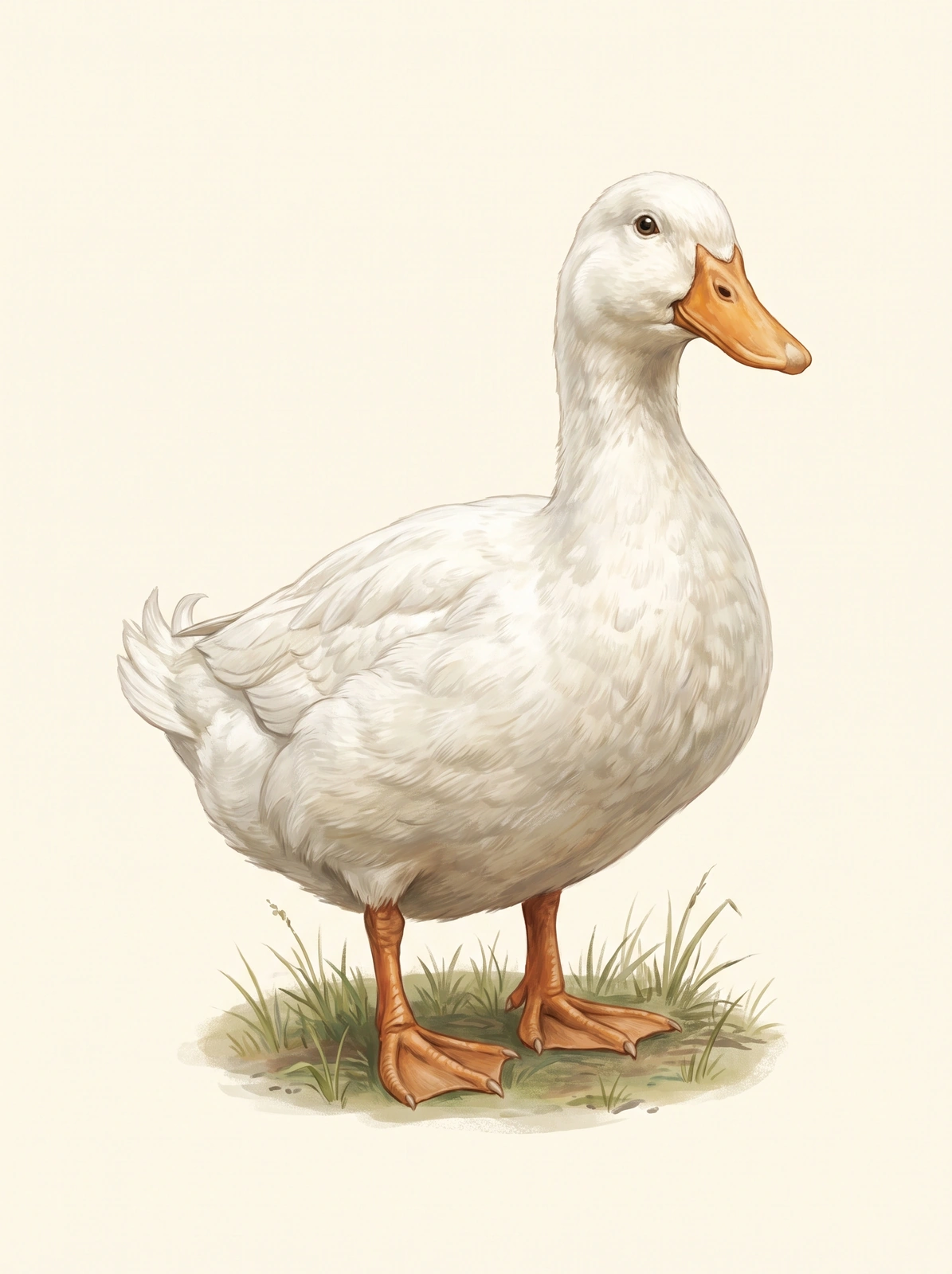 Eine weiße Ente mit orangefarbenem Schnabel und Schwimmfüßen steht vor hellem Hintergrund.