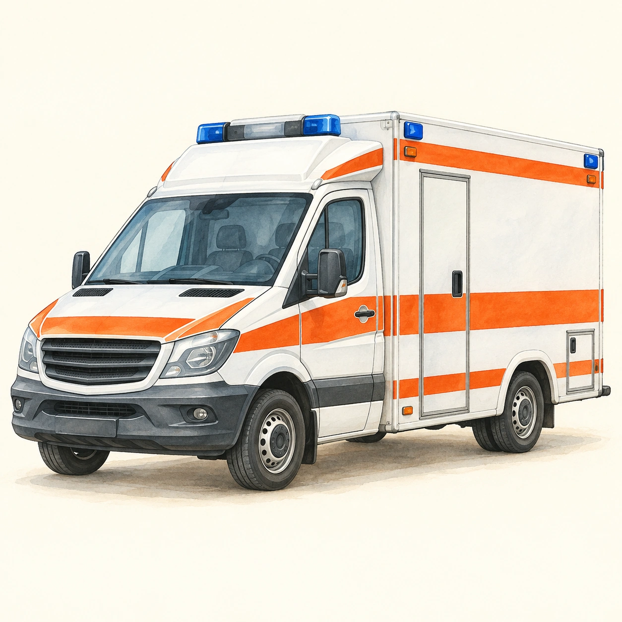 Krankenwagen vor einem ruhigen cremefarbenen Hintergrund.