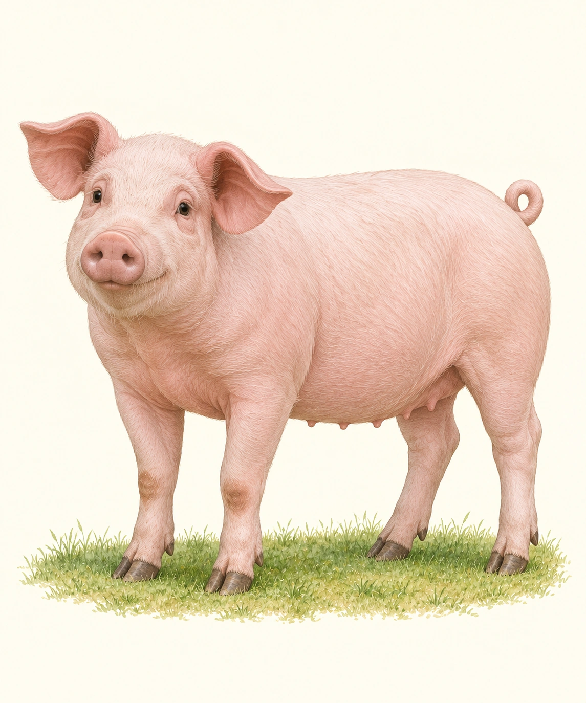 Ein rosafarbenes Hausschwein steht vollständig sichtbar auf einem kleinen Grasstück vor hellem Hintergrund.
