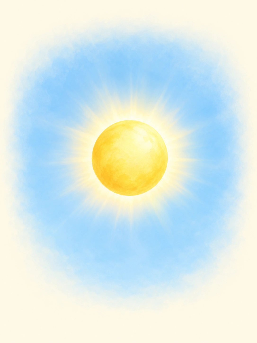 Eine leuchtende gelbe Sonne steht vor einem klaren blauen Himmelsausschnitt.