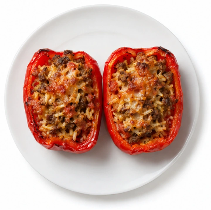 Gefüllte Paprika vor weißem Hintergrund.