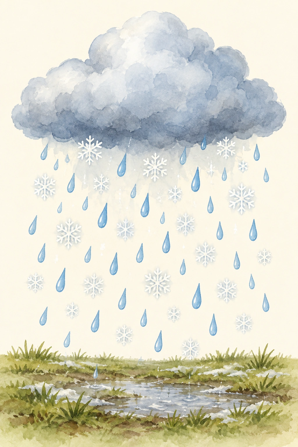 Aus einer grauen Wolke fallen gleichzeitig blaue Regentropfen und weiße Schneeflocken.