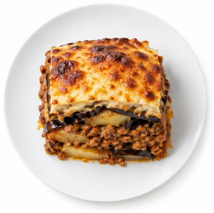 Moussaka vor weißem Hintergrund.