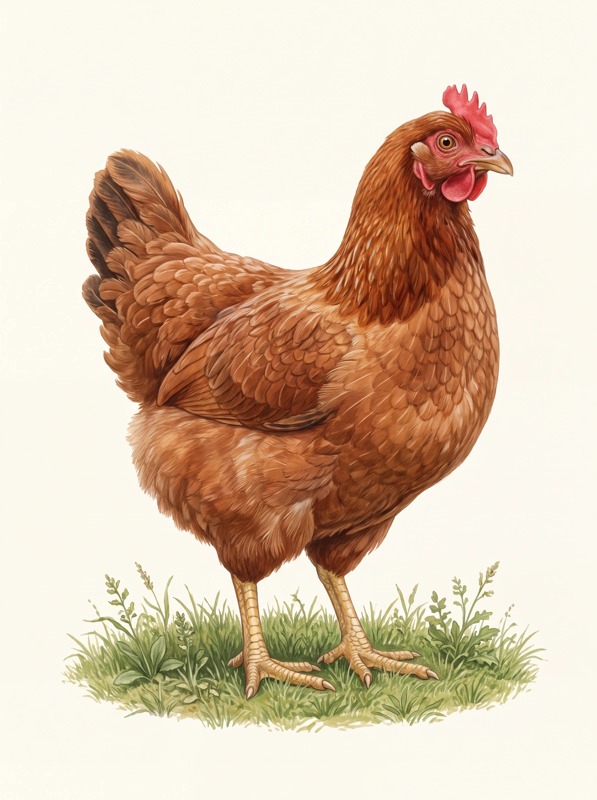 Ein braunes Huhn mit rotem Kamm steht vollständig sichtbar auf einem Grasstück vor hellem Hintergrund.