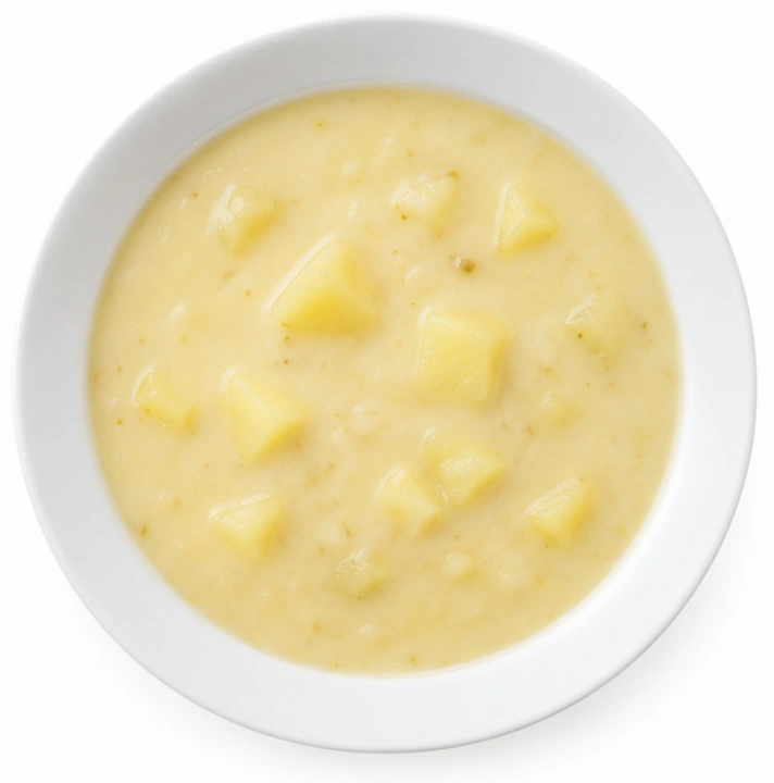 Kartoffelsuppe vor weißem Hintergrund.