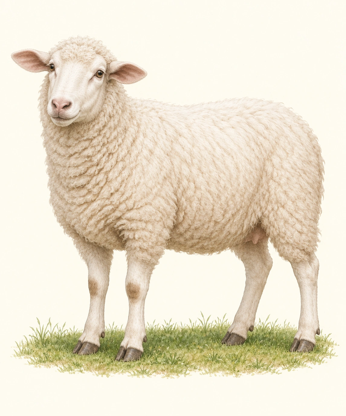 Ein weißes Schaf steht vollständig sichtbar auf einem kleinen Grasstück vor hellem Hintergrund.