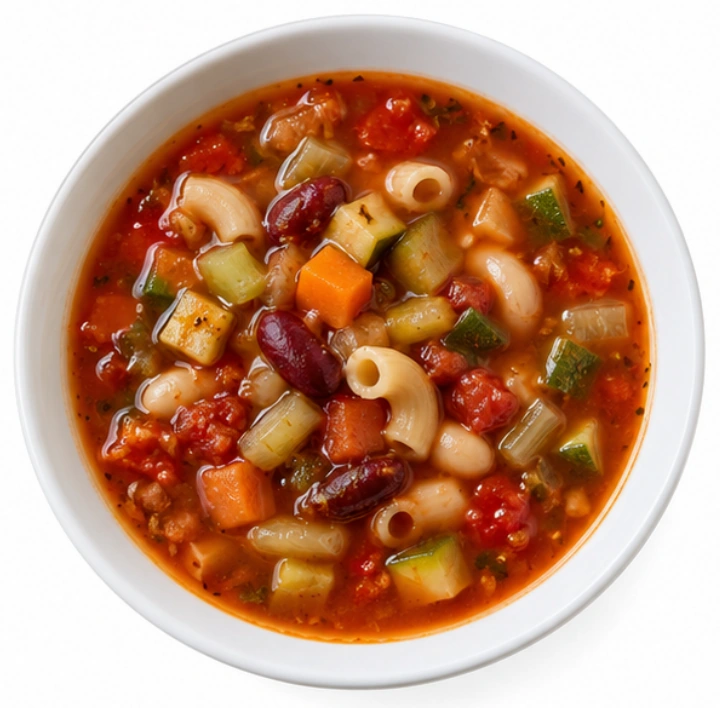 Minestrone vor weißem Hintergrund.