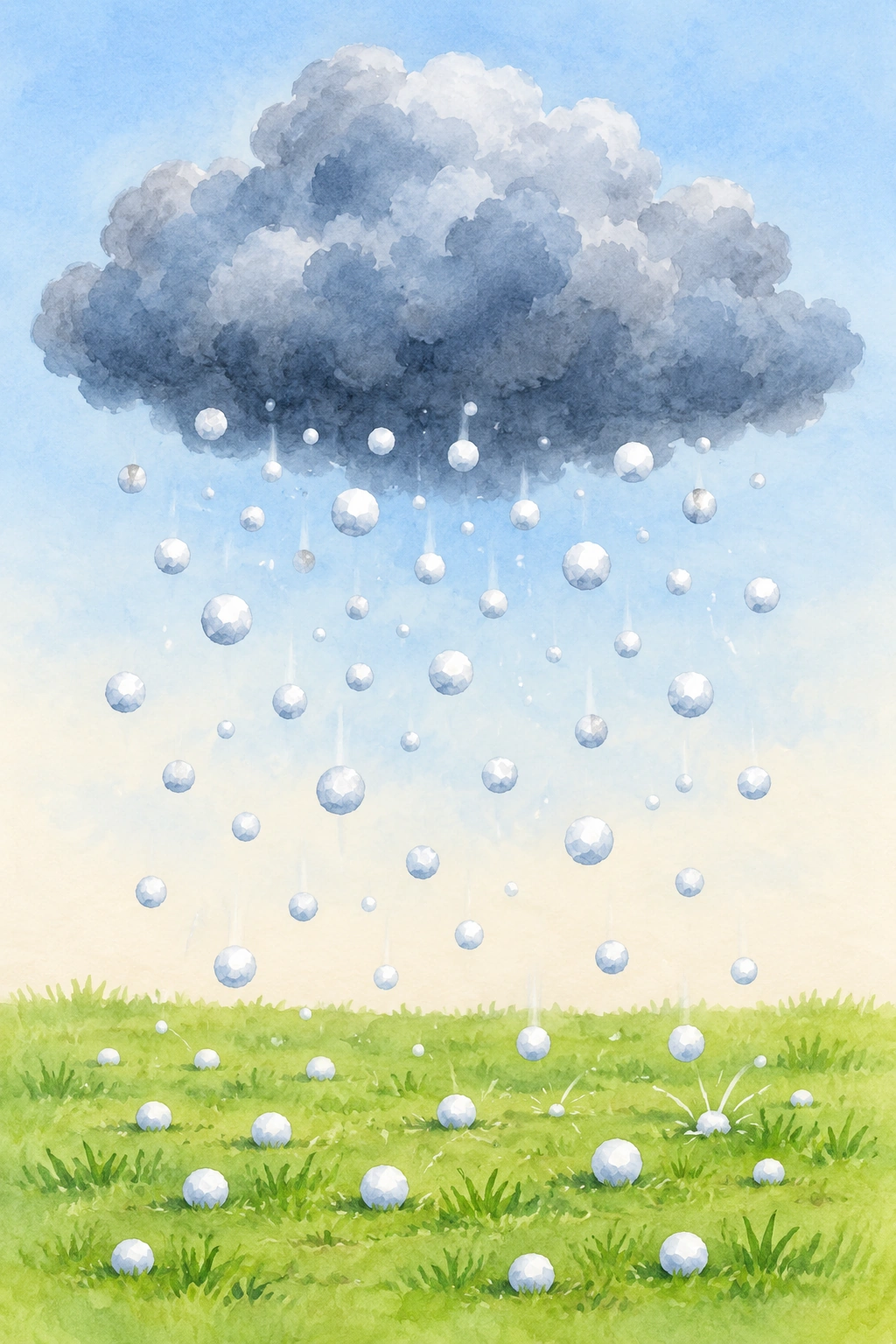 Runde weiße Hagelkörner fallen aus einer graublauen Wolke auf eine grüne Wiese.