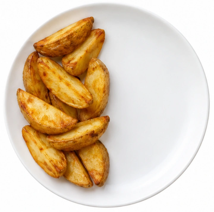 Kartoffelspalten vor weißem Hintergrund.