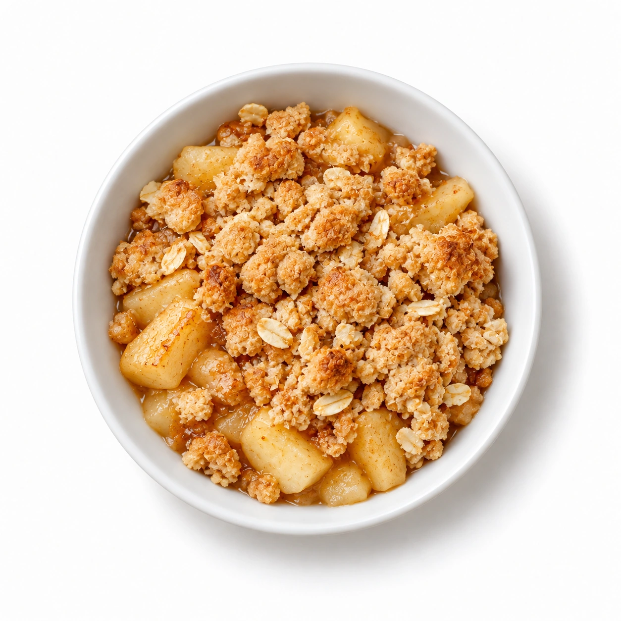 Apfelcrumble in einer weißen Schale.