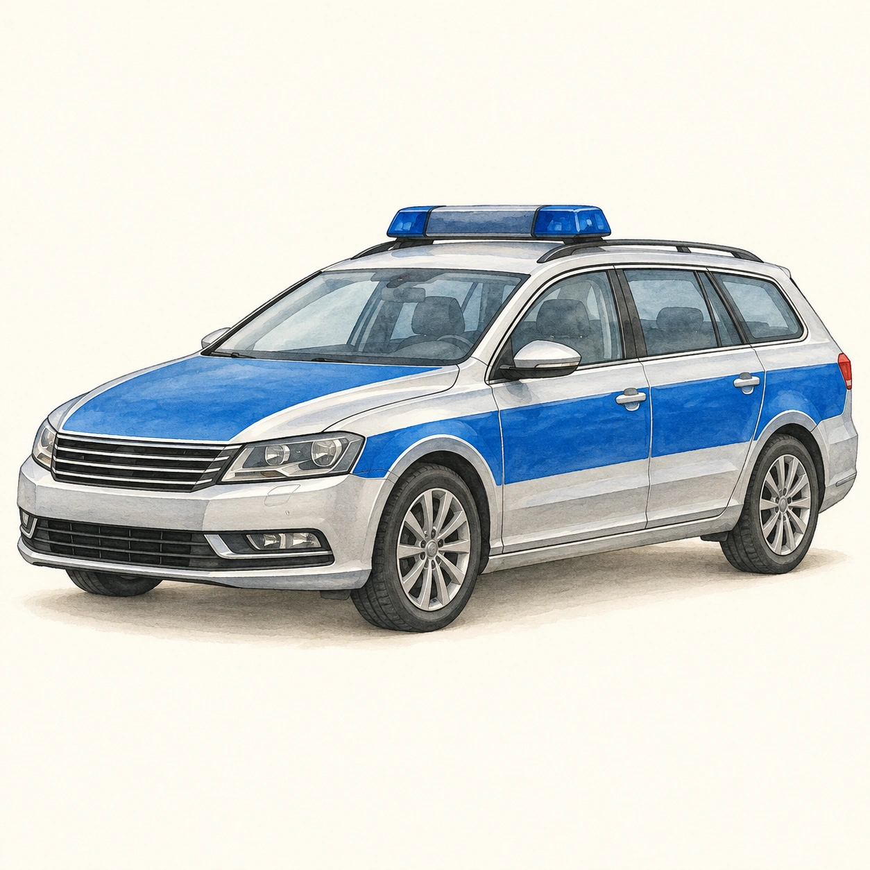 Polizeiauto vor einem ruhigen cremefarbenen Hintergrund.